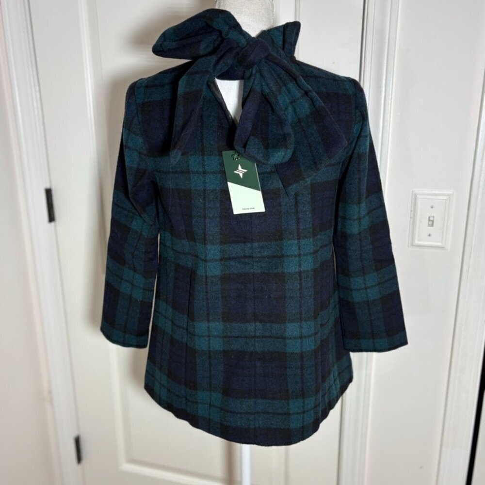 NEW NWT Tuckernuck Blackwatch Faye Blouse Green Navy Plaid Ruffle Tie Prep XS - Picture 1 of 14